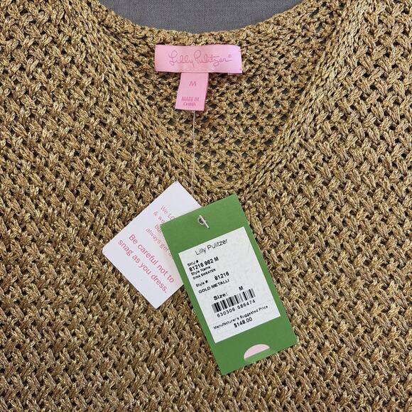 New Lilly Pulitzer Medium Gold Gina Sleeveless Sweater Open Knit Metallic New - Picture 2 of 10